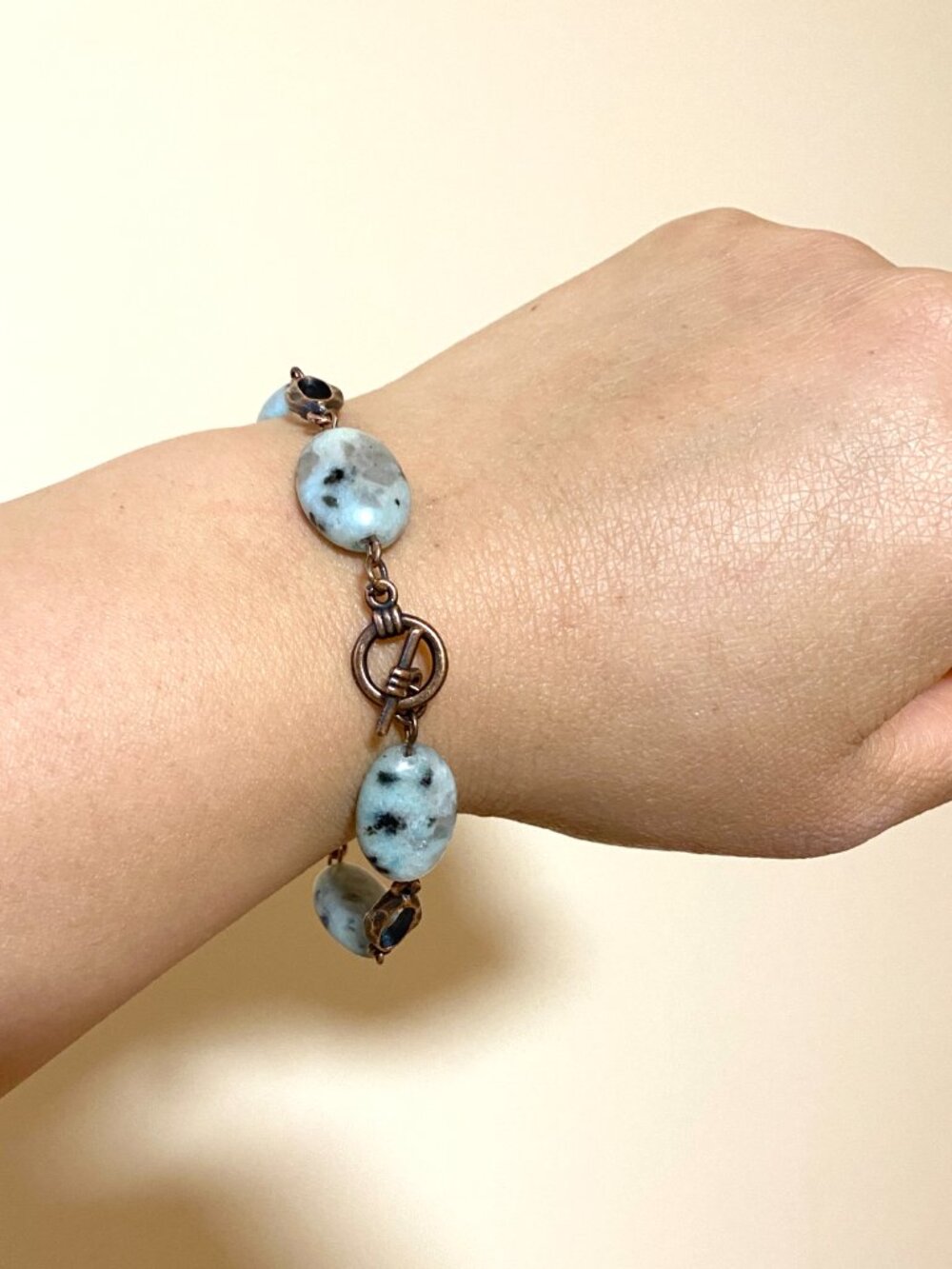 2/$20, Natural Kiwi Stone Bracelet, Genuine Gemstone & Copper Links - Picture 7 of 10